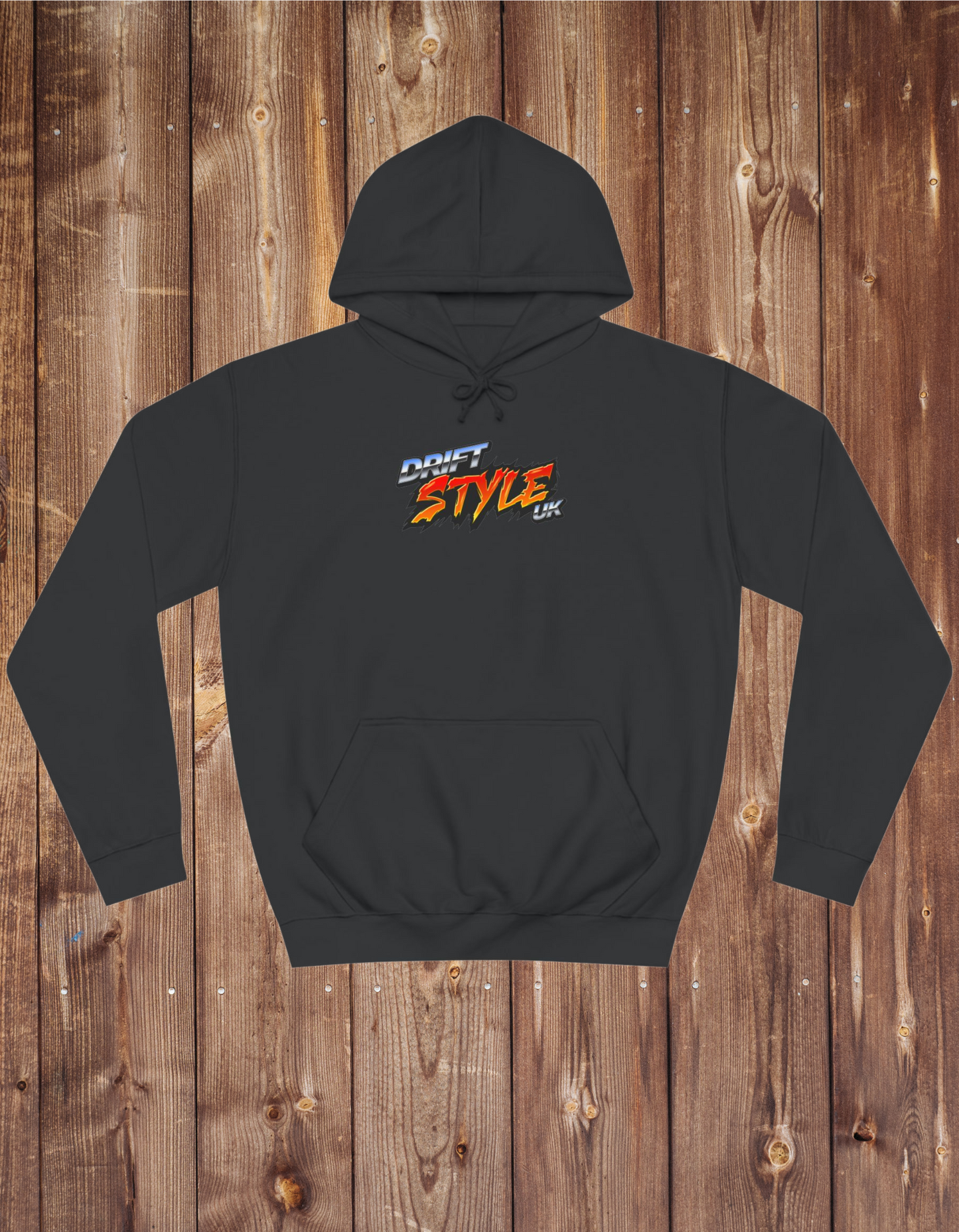 A black unisex hoodie with 'Drift Style UK' text on the front, featuring a hood, long sleeves, and a front pouch pocket.