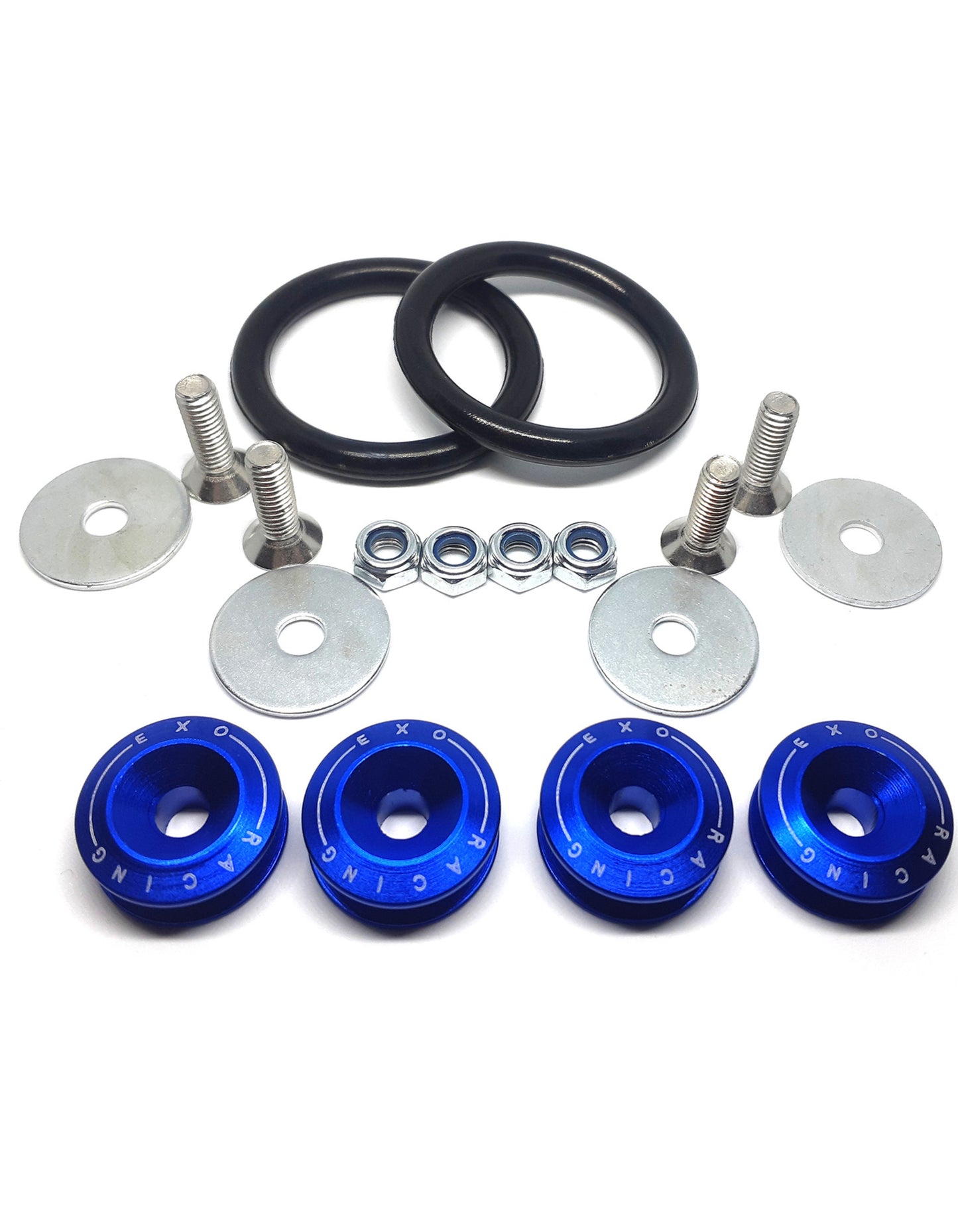 Set of blue metal Bumper ties and black rubber rings on a grey background