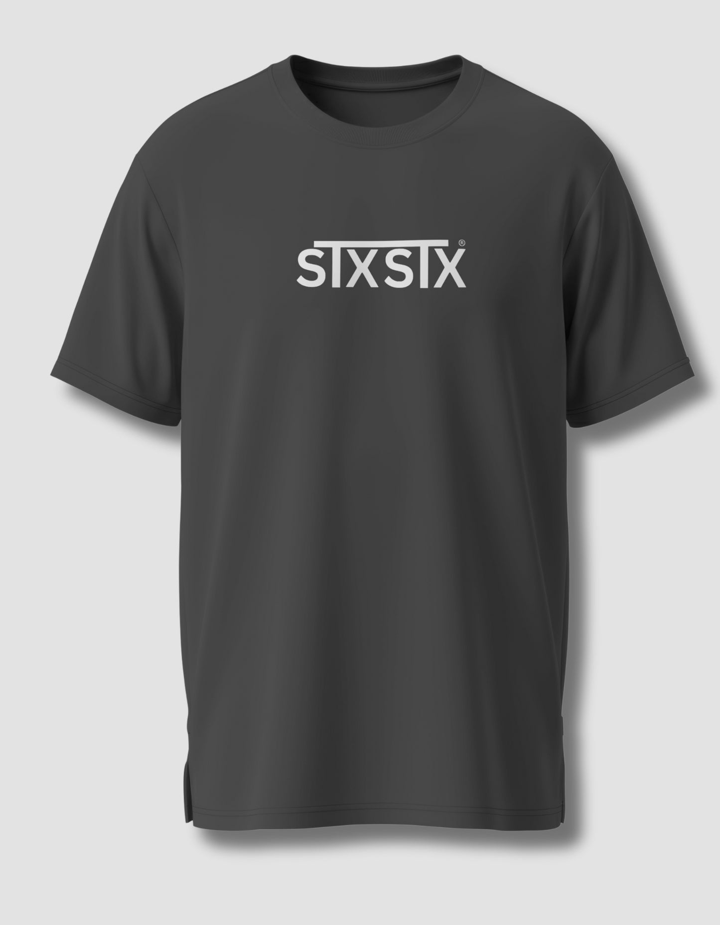 Grey t-shirt with 'STXSTX' logo on a light gray background