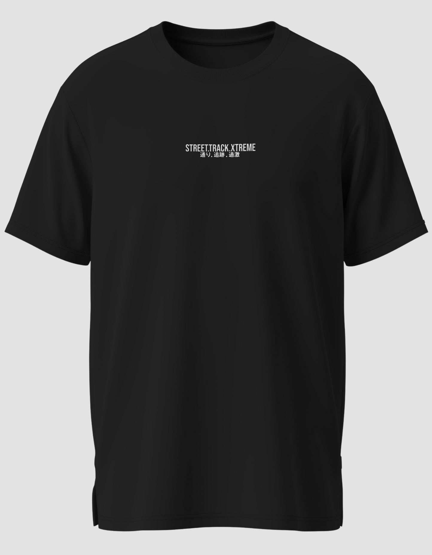 Black t-shirt with white text on a light gray background. Text says: Street Track Xtreme