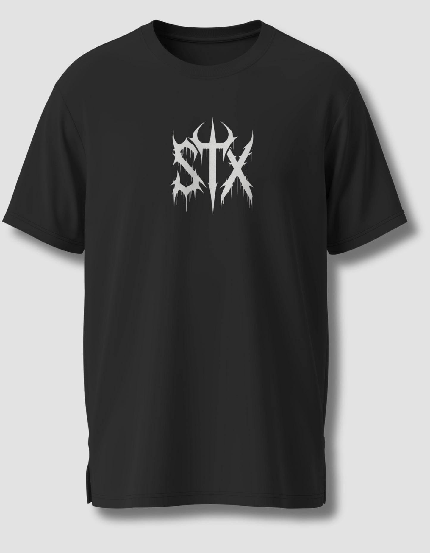Black t-shirt with a white logo on a light gray background