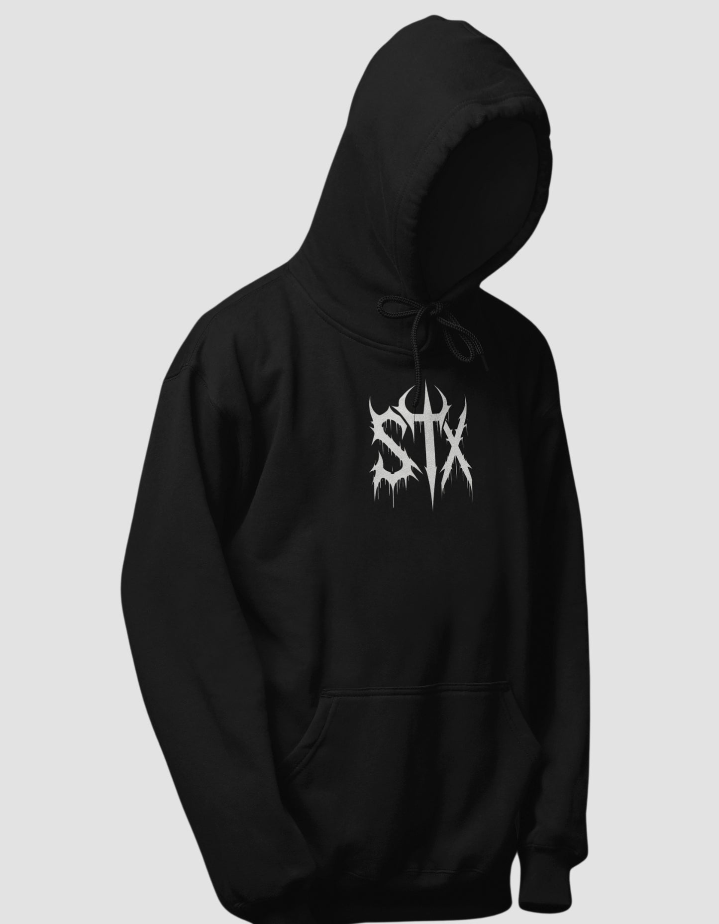Black hoodie with a white logo on a gray background