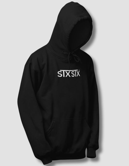 Black hoodie with 'STXSTX' logo on a light gray background