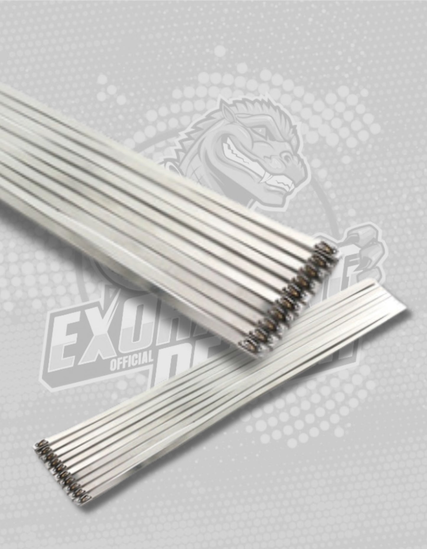Set of stainless metal cable ties on a gray background with a logo in the corner