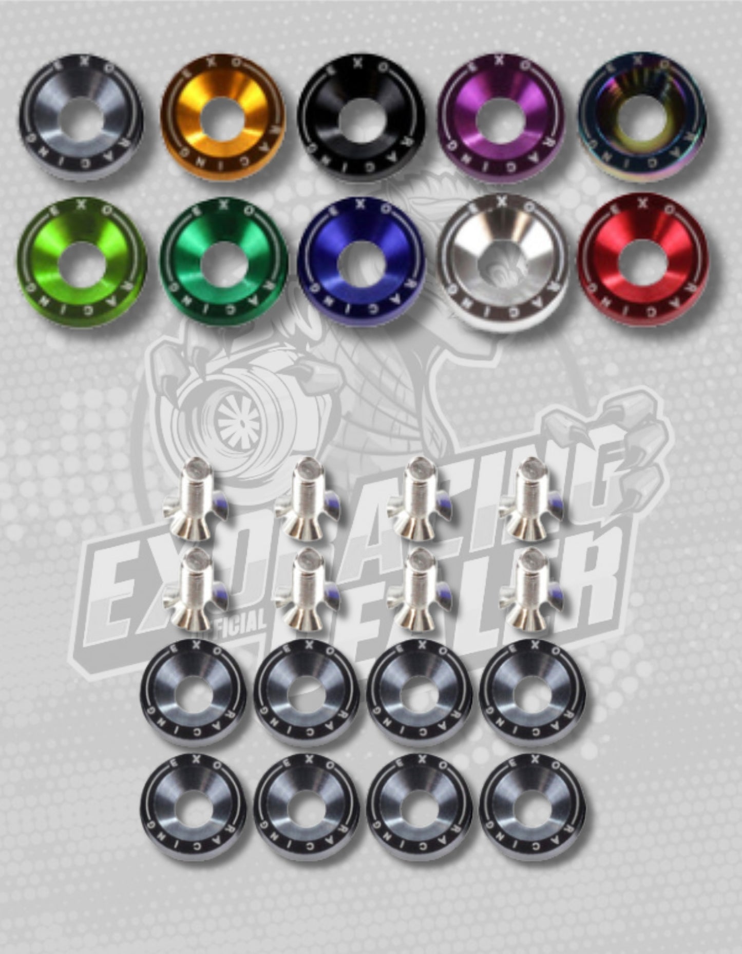 Set of colorful Dress Up Bolt and Washer Kit M6x1.0 on a gray background