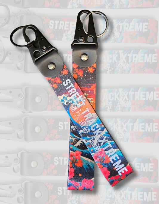 Japanese Waves and Japanese sunset key-ring clip, JDM (Japanese domestic market) style with the words street track extreme printed on it. Japanese automotive style