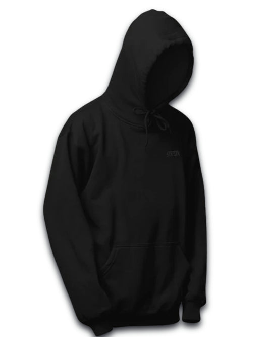 Black stxstx premium hoodie on a white background. front shot