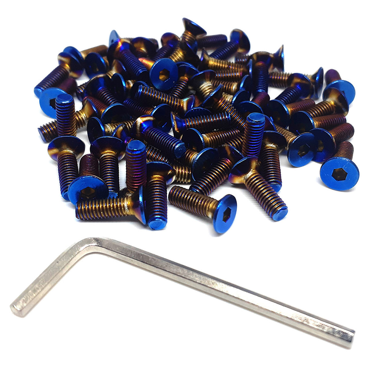 collection of titanium steering wheel bolts in a pile and next to it is a tool