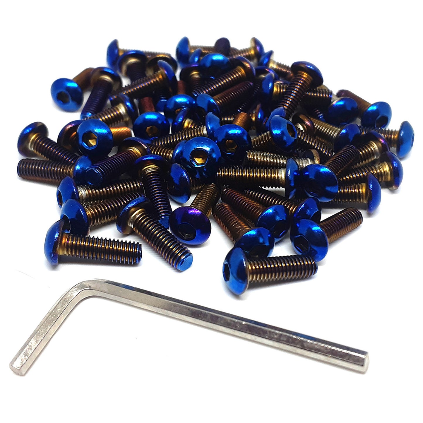 collection of titanium steering wheel bolts in a pile and next to it is a tool
