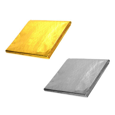 A gold heat reflective sheet with a self-adhesive backing, placed on top of a silver reflective sheet