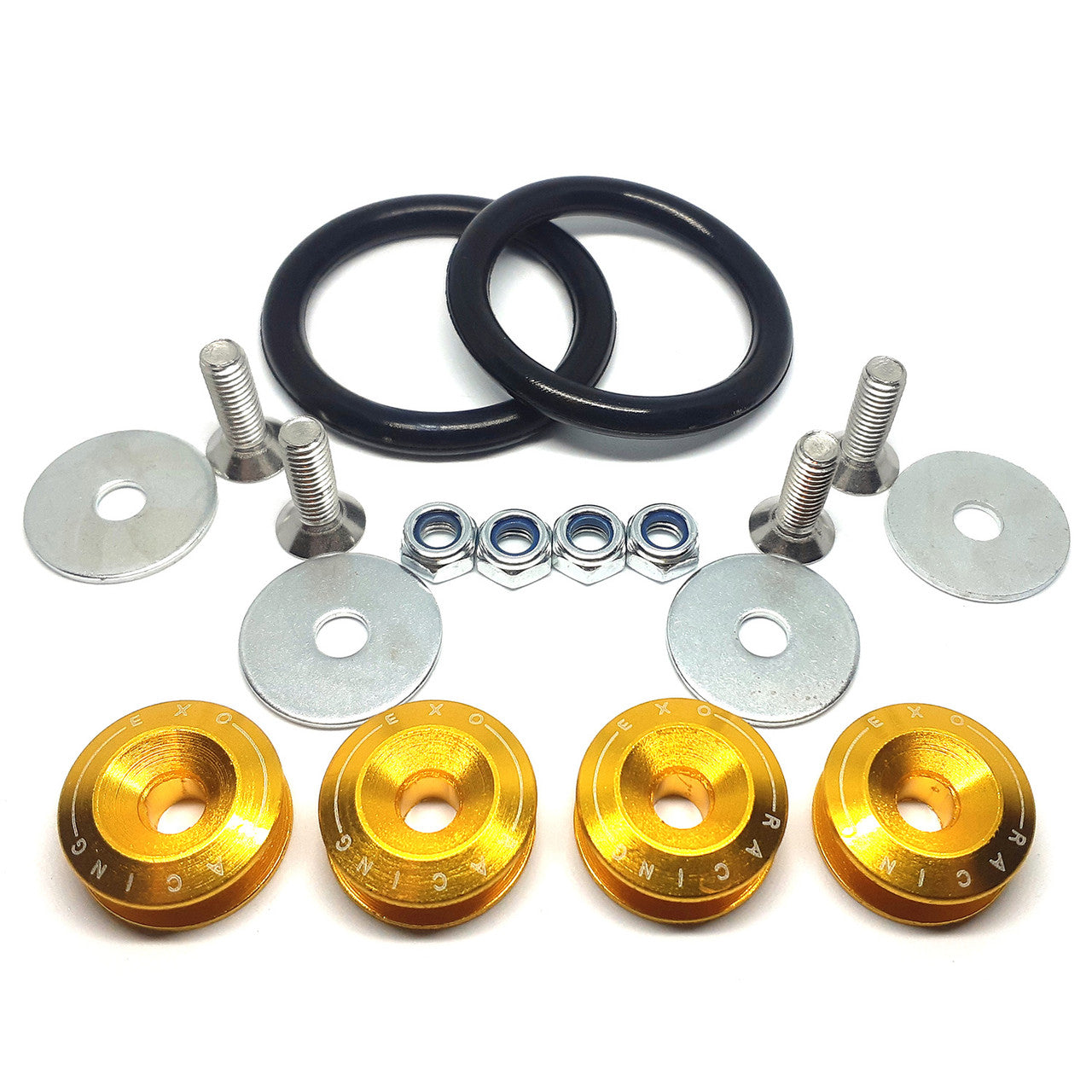 Set of gold metal Bumper ties and black rubber rings on a grey background