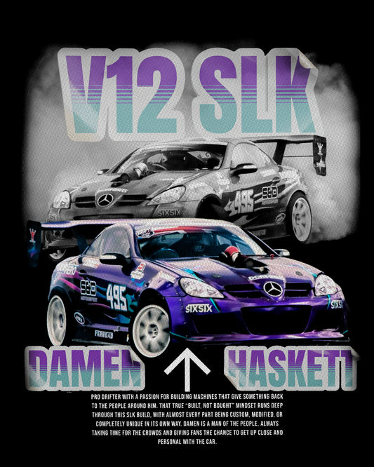 Mercedes-Benz SLK cars with 'V12 SLK' text and branding on a black background