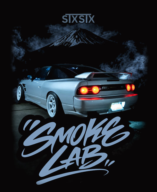 nissan s13 drift Car with 'Smoke Lab' text and STX branding against a dark background premium