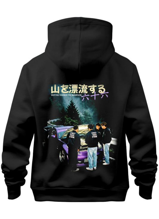stxstx premium black hoodie with a 350z image on the rear, 4 mates stood around the open bonnet admiring the quailty