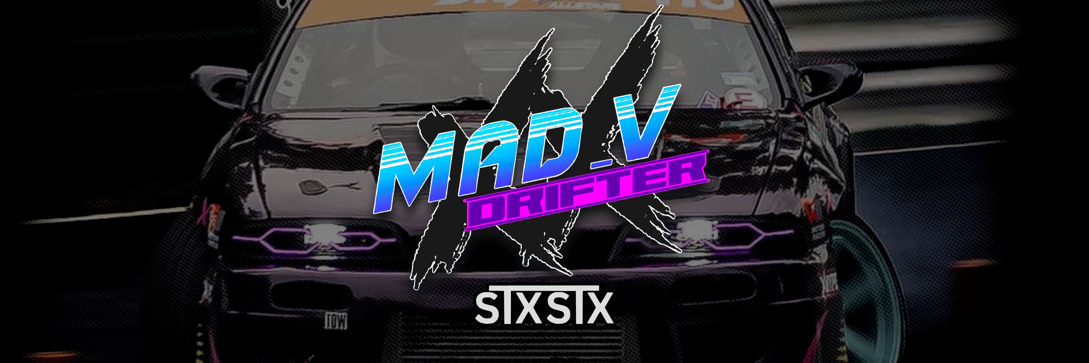Black nissan s14 drift car with 'MAD_V Drifter' and 'STXSTX' branding on a dark background - Banner