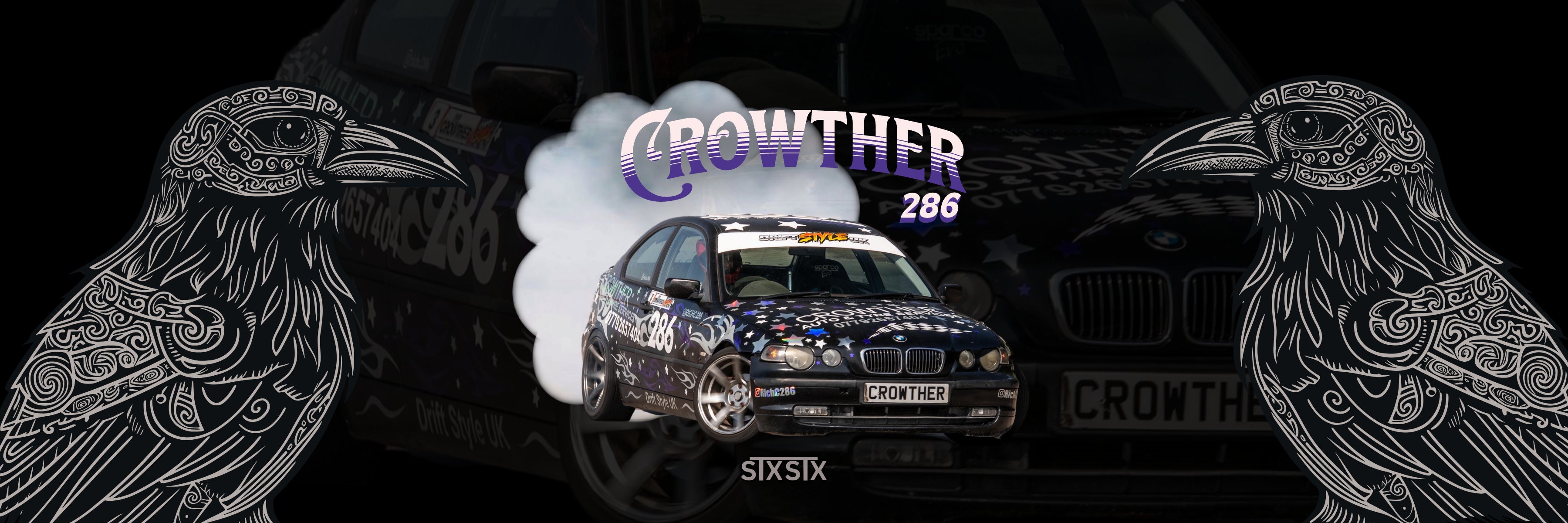 Car with 'Crowther' branding flanked by decorative crow illustrations on a dark background, with a drift car and stxstx logo