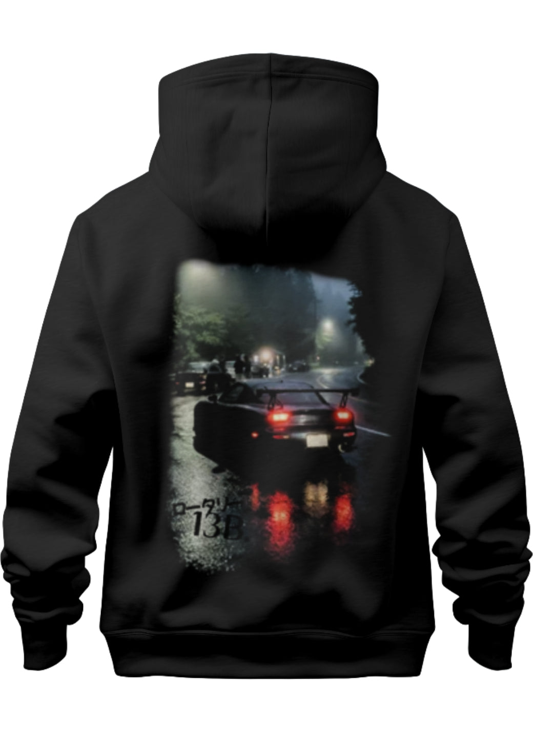premium black stxstx hoodie with a design of a mazda rx7 13b in the japan mountains late night in wet weather