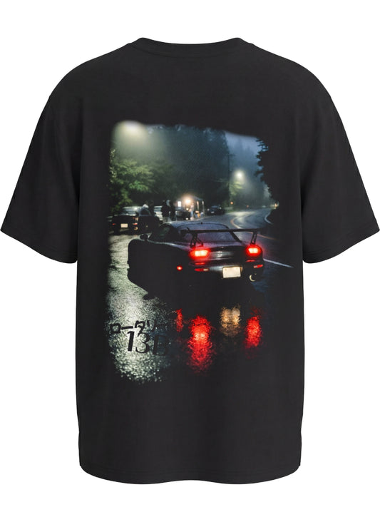 stxstx Black premium tshirt with rear design of a mazda rx7 13b drift car sitting idle in the mountains on a rainy night