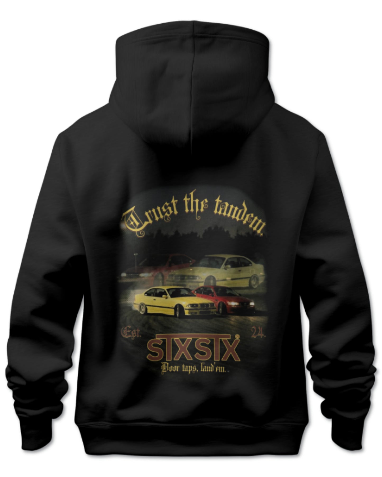 Black Premium  STXSTX hoodie with graphic design of two bmw cars drifting in tandem on a racetrack on the back, on a white background