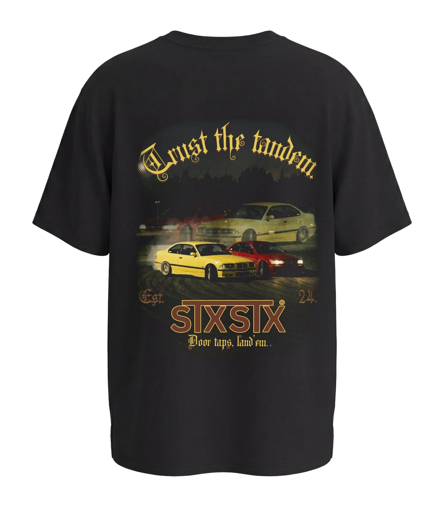 STXSTX premium Black Tshirt with a rear design of 2 bmws in tandem drift on a racetrack 3d mock up