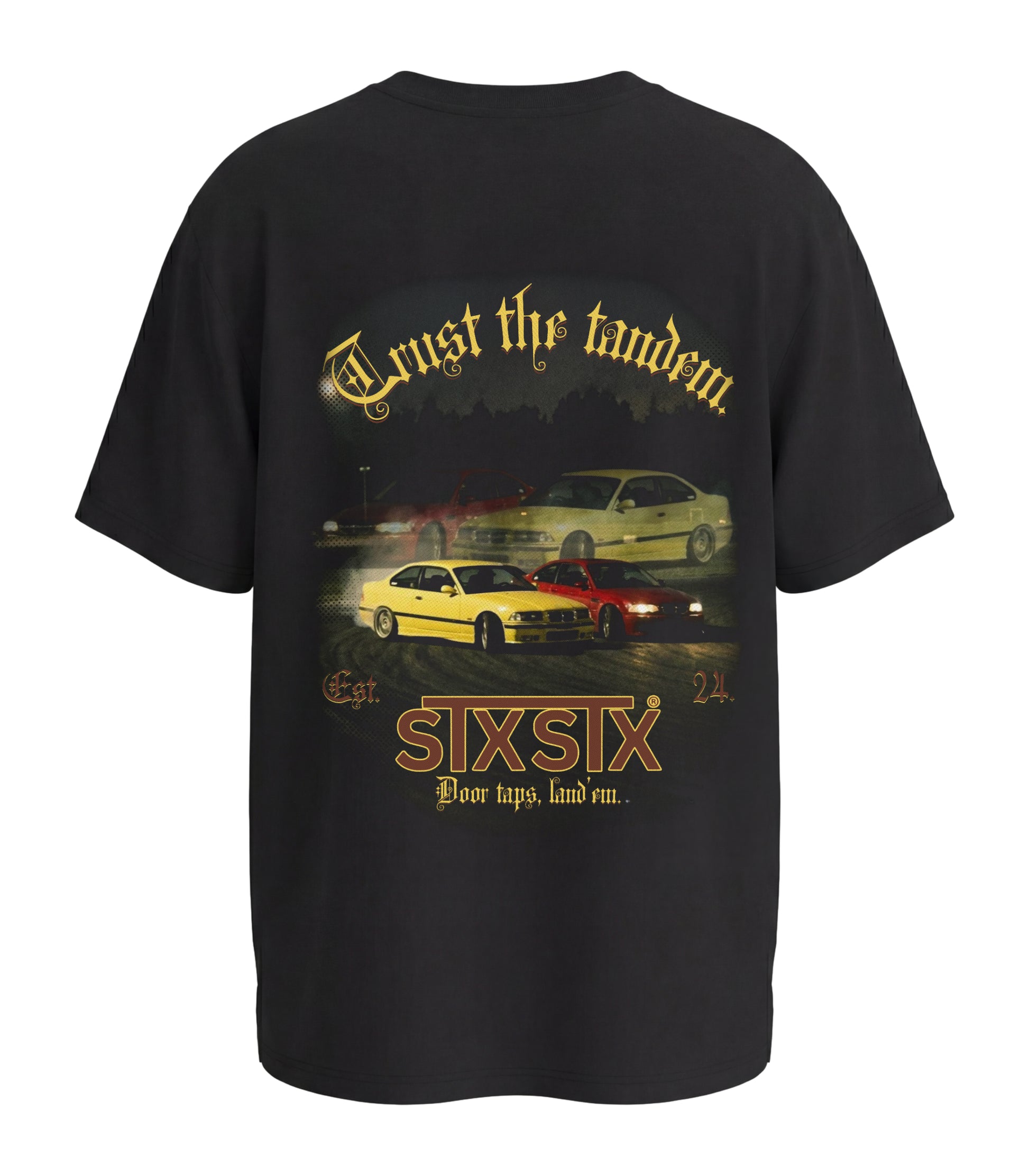 STXSTX premium Black Tshirt with a rear design of 2 bmws in tandem drift on a racetrack 3d mock up