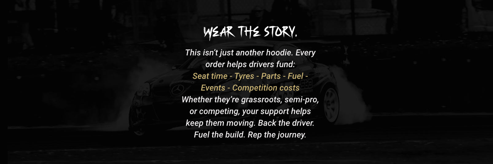text overlay on a dark background of a mercedes slk drifting