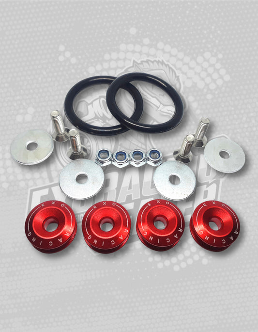 Set of red metal Bumper ties and black rubber rings on a grey background with 'Exoracing' branding.