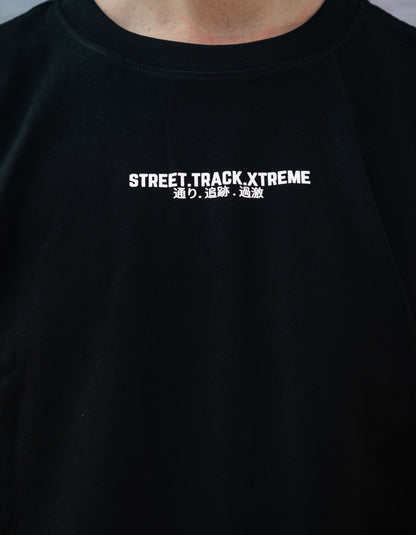 Black t-shirt with 'STREET TRACK XTREME' text on a dark background