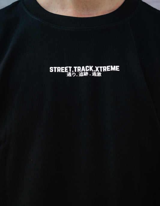 Black t-shirt with 'STREET TRACK XTREME' text on a dark background