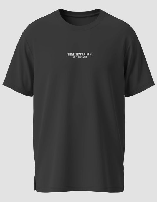 Black t-shirt with white text on a light gray background. text says: Street Track Xtreme