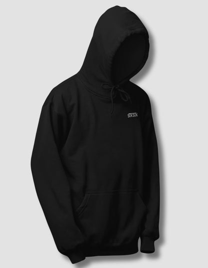 Black hoodie with the STXSTX brand logo on a light gray background