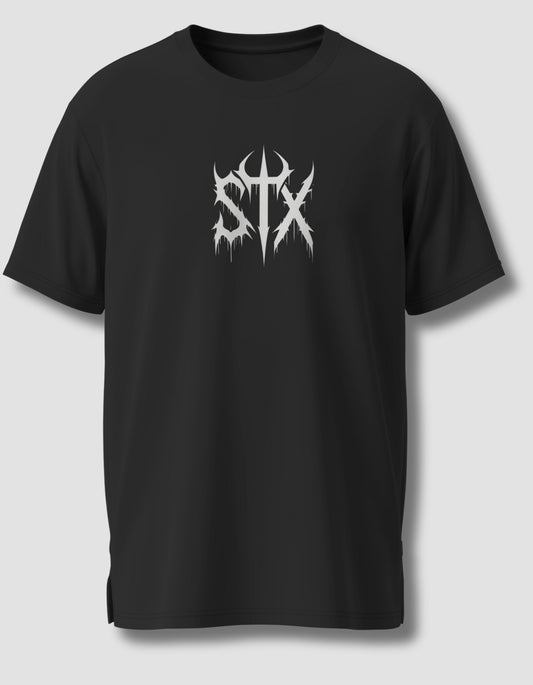 Black t-shirt with a white logo on a light gray background