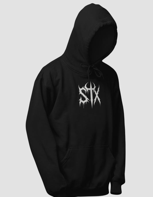 Black hoodie with a white logo on a gray background