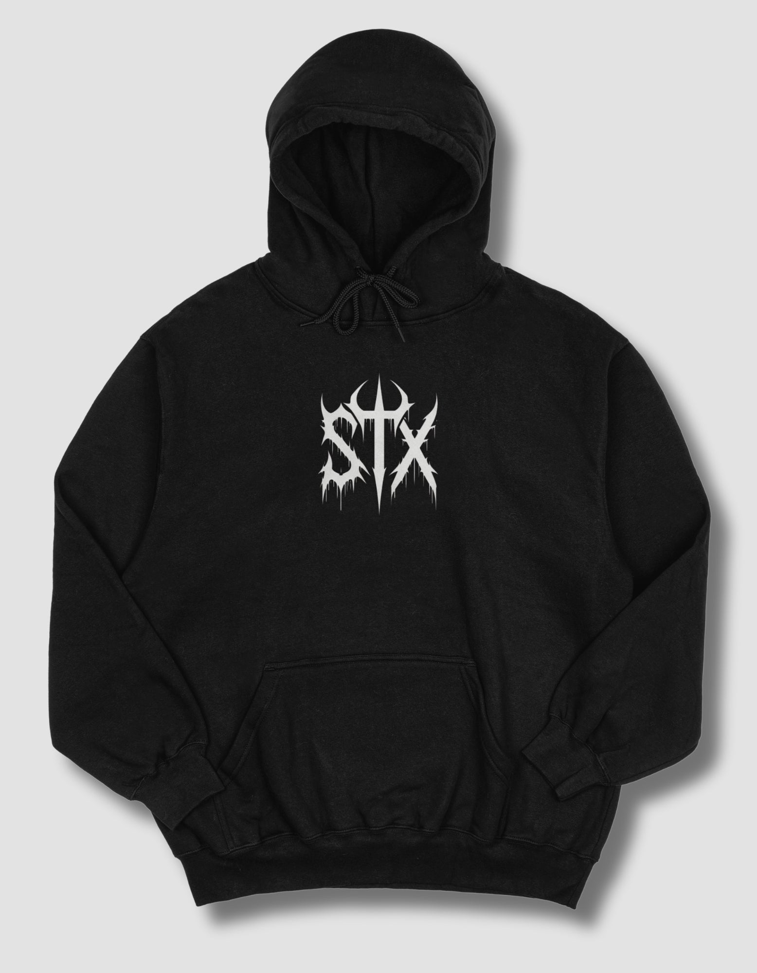 Black hoodie with a white logo on a light gray background