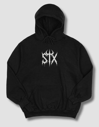 Black hoodie with a white logo on a light gray background