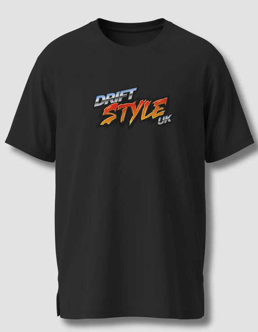 Black t-shirt with 'Drift Style UK' text on a gray background