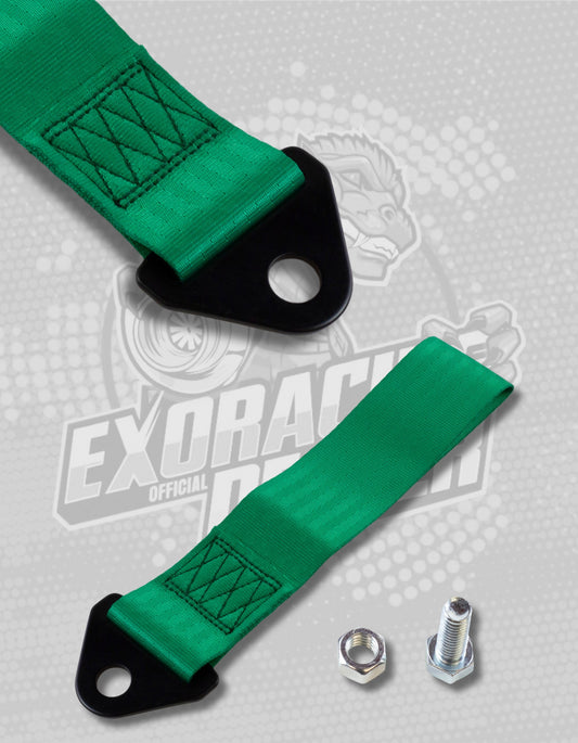 Green strap with black hardware on a gray background with Exoracing logo.