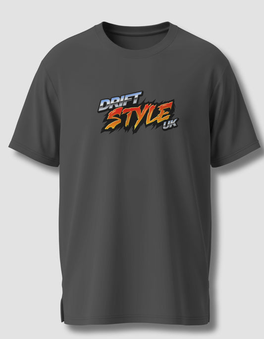 Gray t-shirt with 'Drift Style UK' logo on a light gray background