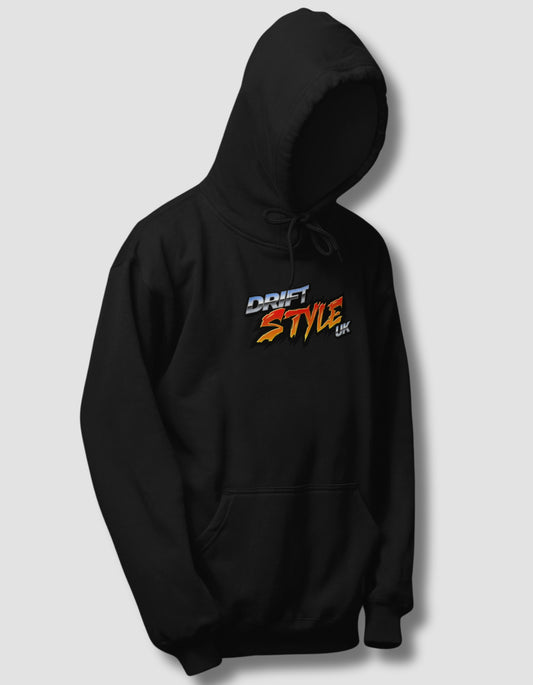 Black hoodie with 'Drift Style UK' text on a gray background
