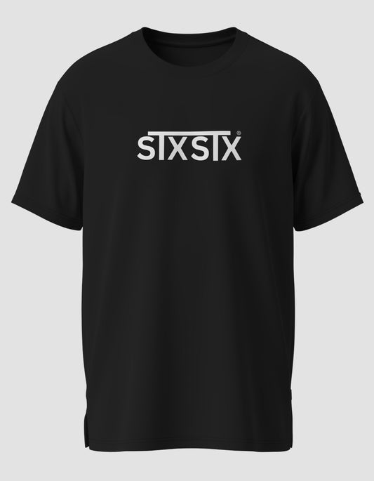 Black t-shirt with 'STXSTX' logo on a light gray background