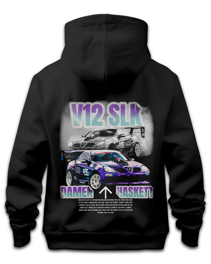 premium Black hoodie with v12 slk drift car graphic and text on a white background - stxstx