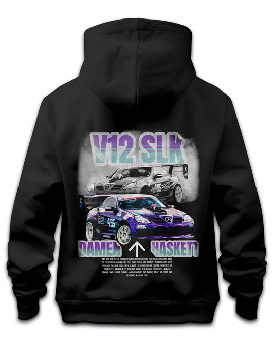 premium Black hoodie with v12 slk drift car graphic and text on a white background - stxstx