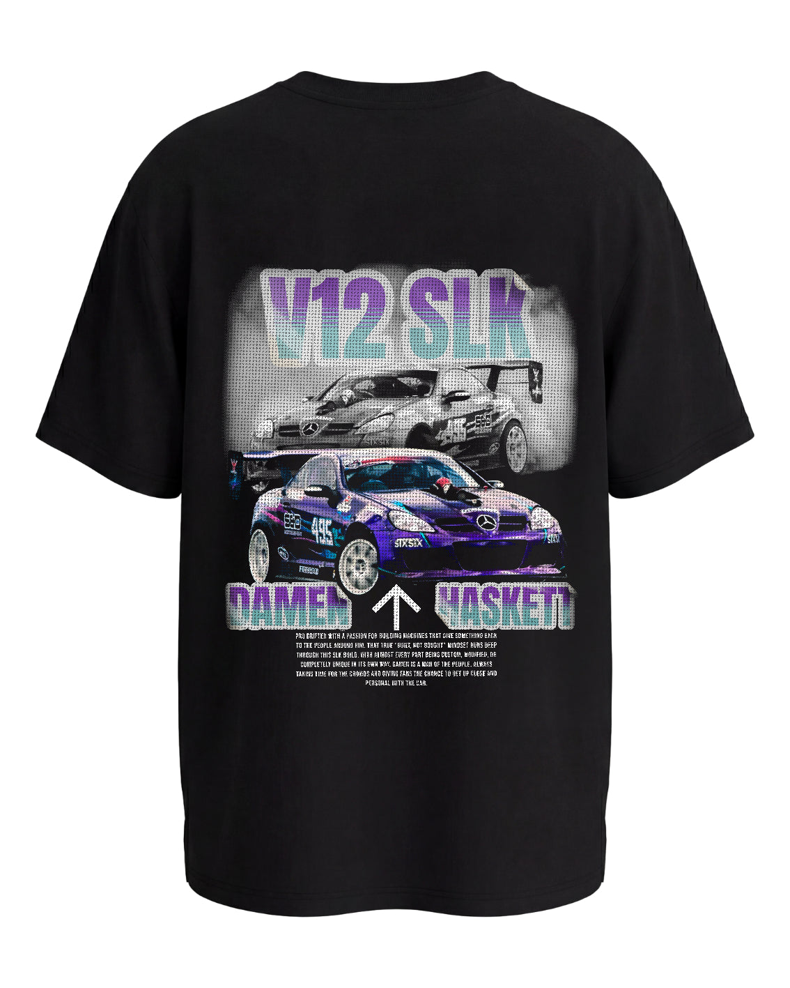 premium Black t-shirt with v12 slk drift car graphic and text on a white background - stxstx