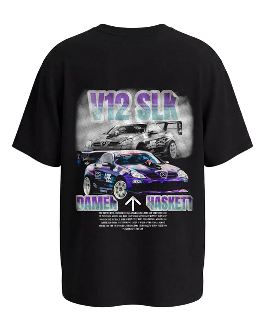 premium Black t-shirt with v12 slk drift car graphic and text on a white background - stxstx