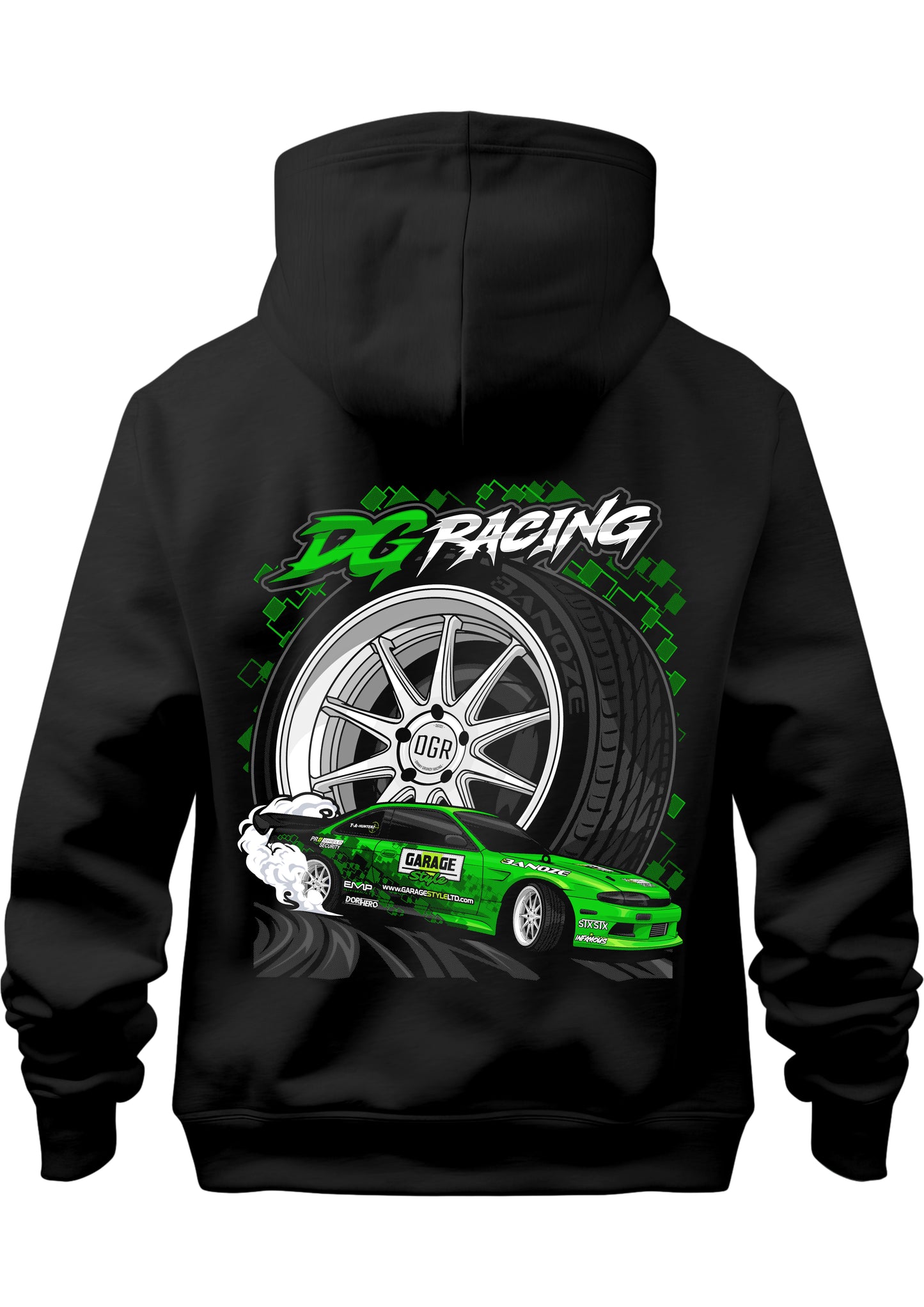 premium Black hoodie with green and white 'Danny Grundy Racing' design on the back - stxstx