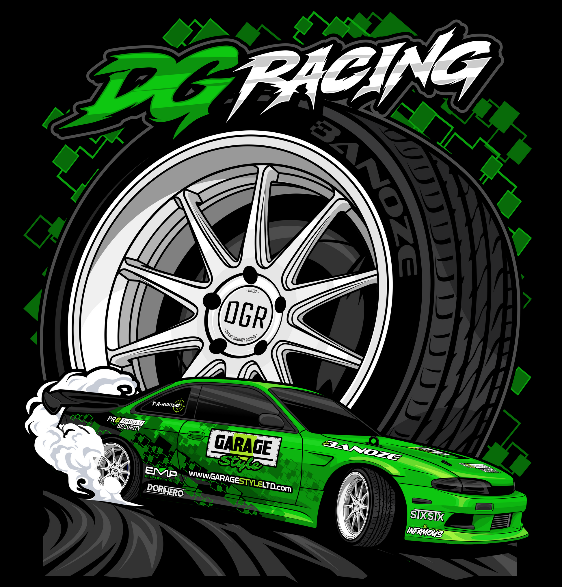Graphic design of a nissan s14 drifting with an image of a large wheel in the background - titled dgracing