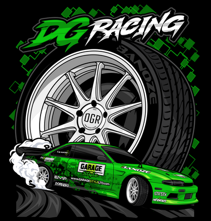 Graphic design of a nissan s14 drifting with an image of a large wheel in the background - titled dgracing