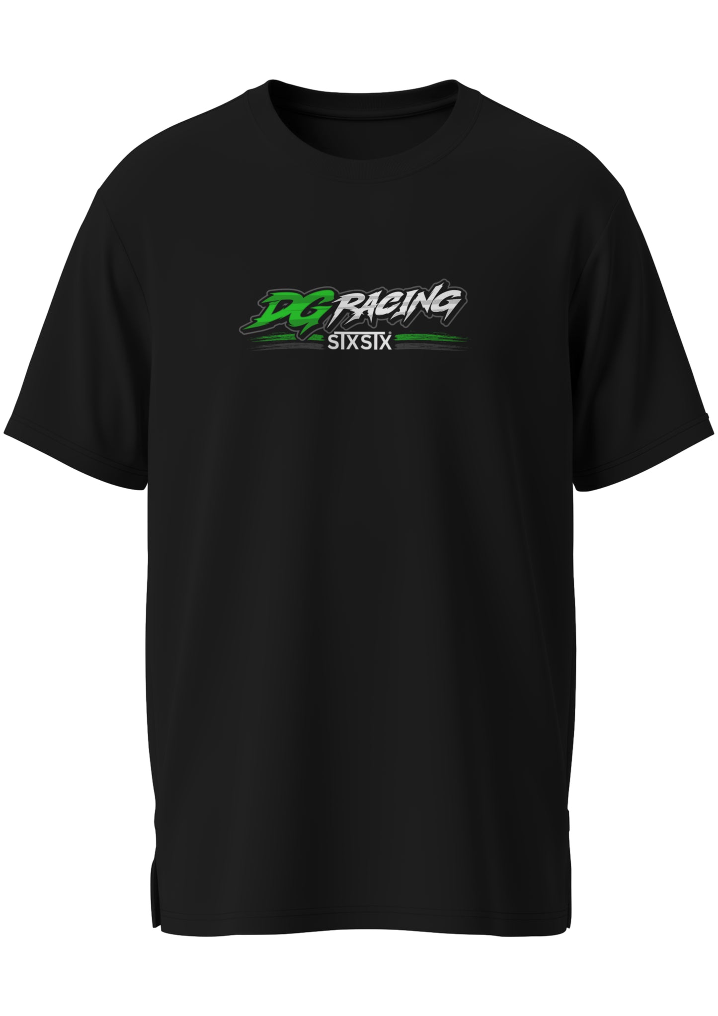 premium Black t-shirt with 'DG Racing and a stxstx' logo on a white background