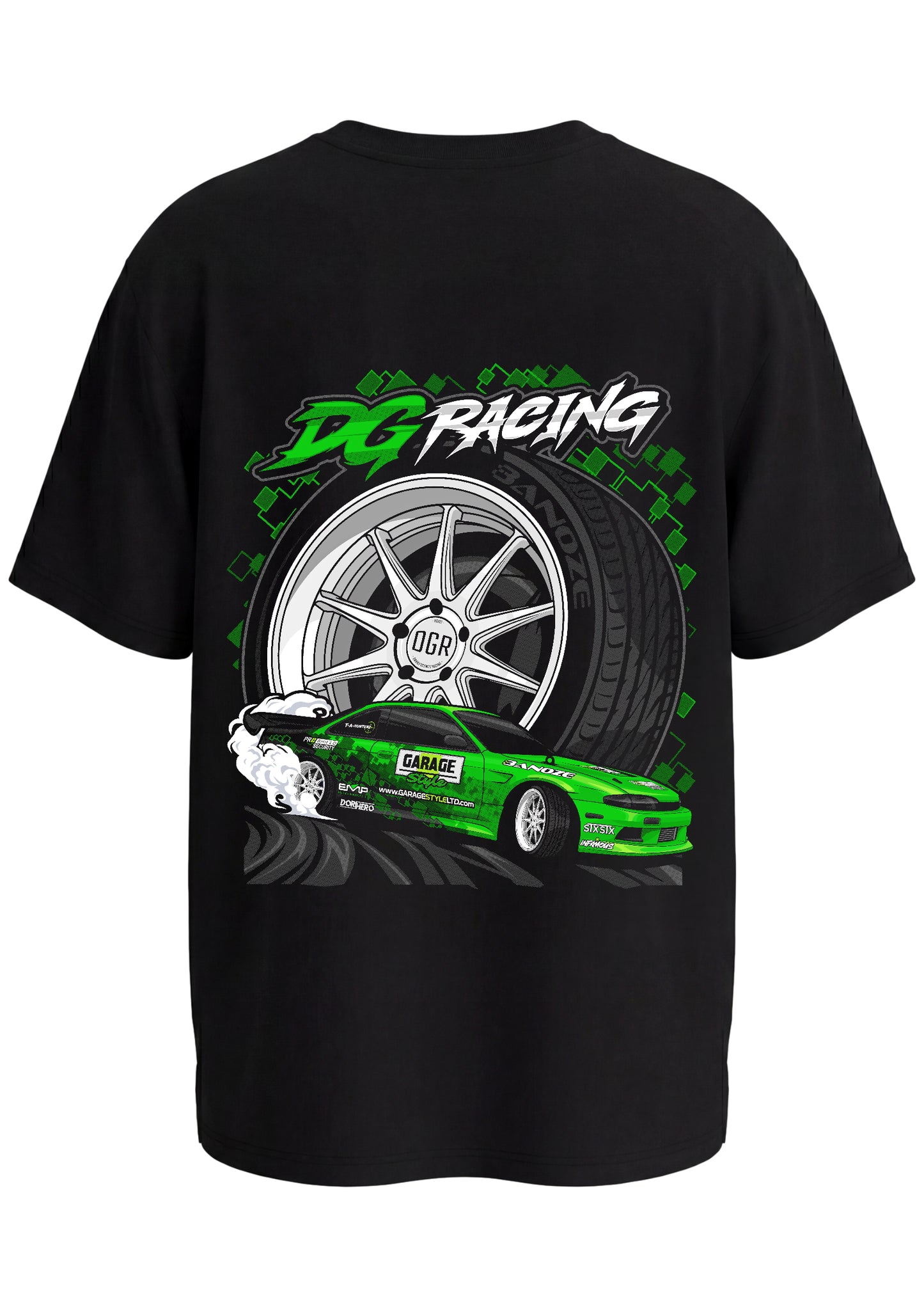 premium Black t-shirt with green and white DG Racing graphic featuring a  drift car and wheel. nissan s14 stxstx