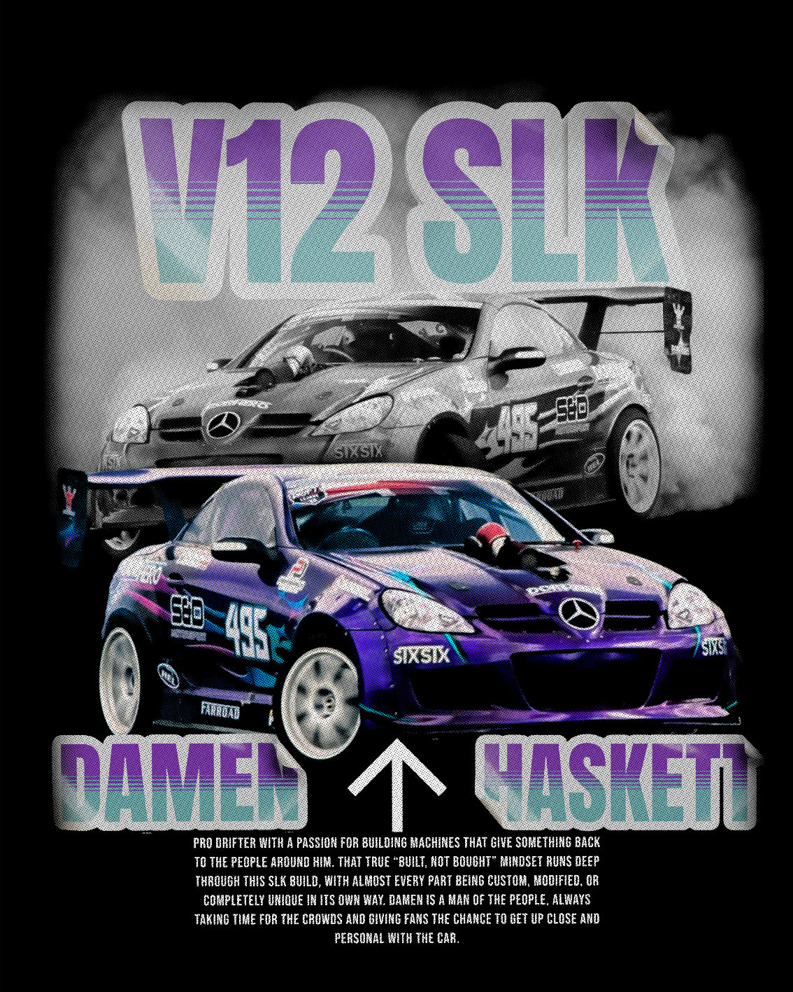 Mercedes-Benz SLK cars with 'V12 SLK' text and branding on a black background